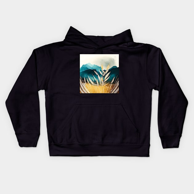 Golden Wheat Fields Teal Mountains Beautiful Nature Scenery Kids Hoodie by The Art Mage